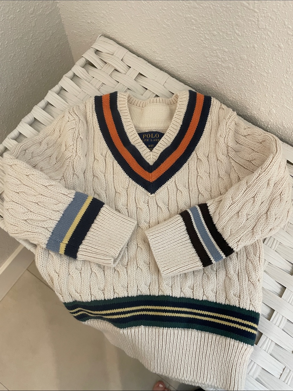 Polo by Ralph Lauren Cream Cable-Knit V-Neck Sweater with Multicolor Stripe Trim